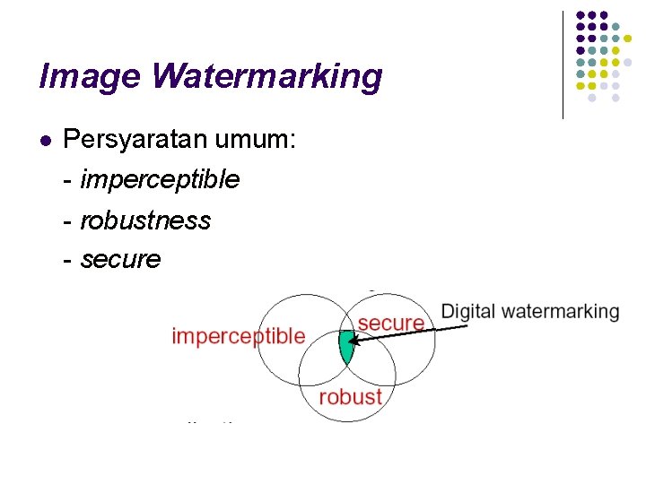 Image Watermarking Persyaratan umum: - imperceptible - robustness - secure 