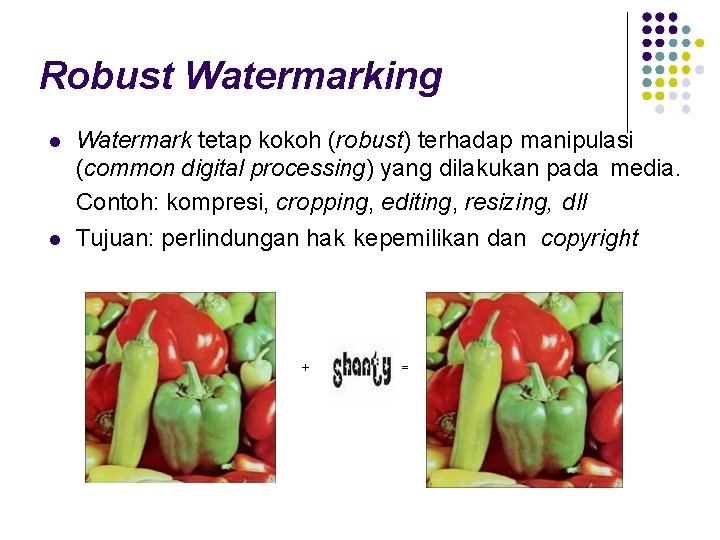 Robust Watermarking Watermark tetap kokoh (robust) terhadap manipulasi (common digital processing) yang dilakukan pada