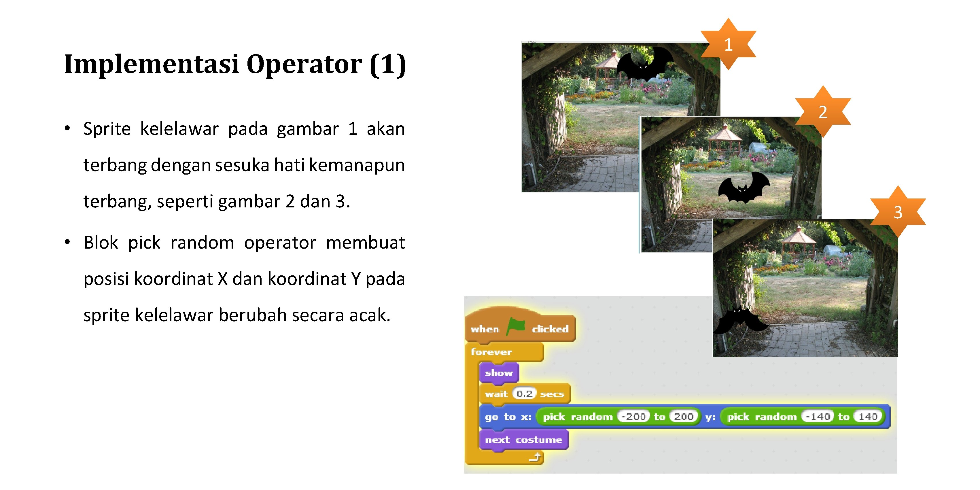 Implementasi Operator (1) • Sprite kelelawar pada gambar 1 akan 1 2 terbang dengan