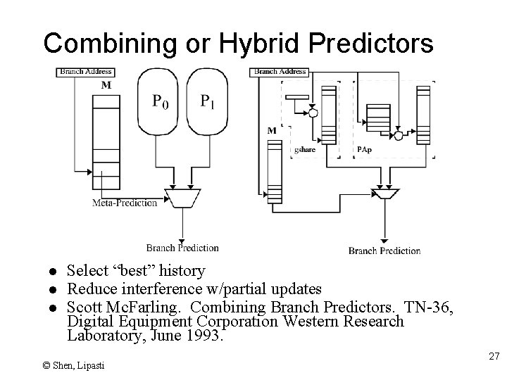 Combining or Hybrid Predictors l l l Select “best” history Reduce interference w/partial updates