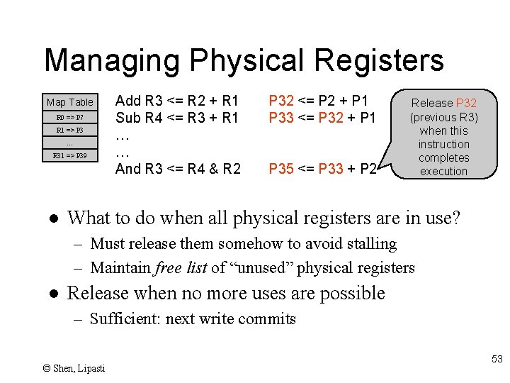 Managing Physical Registers Map Table R 0 => P 7 R 1 => P