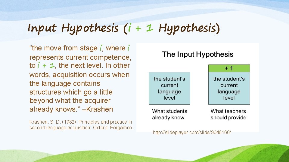 Input Hypothesis (i + 1 Hypothesis) “the move from stage i, where i represents