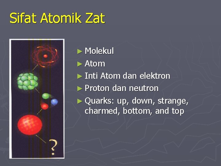 Sifat Atomik Zat ► Molekul ► Atom ► Inti Atom dan elektron ► Proton