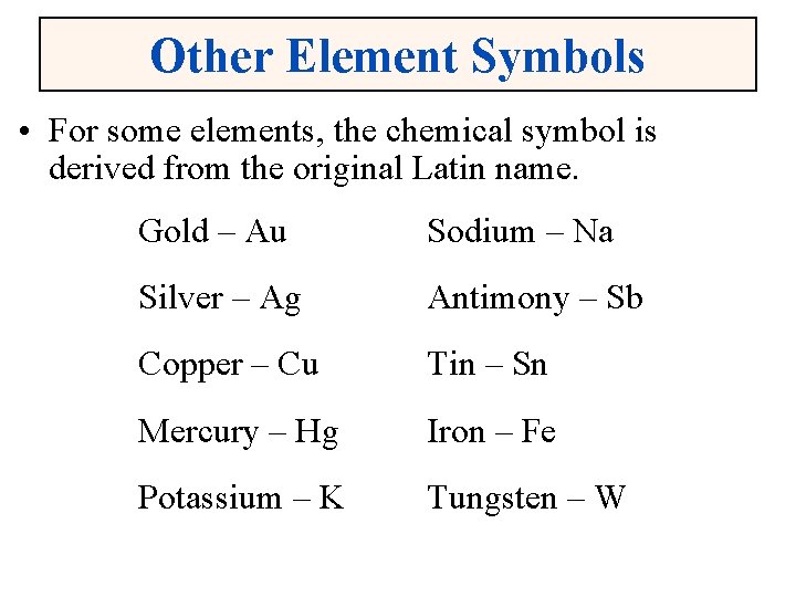 Other Element Symbols • For some elements, the chemical symbol is derived from the