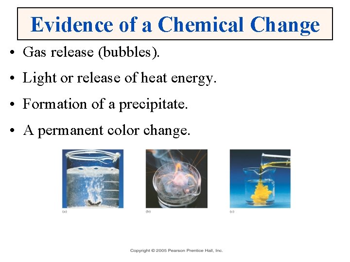 Evidence of a Chemical Change • Gas release (bubbles). • Light or release of