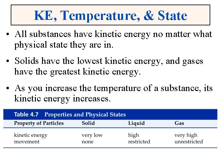KE, Temperature, & State • All substances have kinetic energy no matter what physical