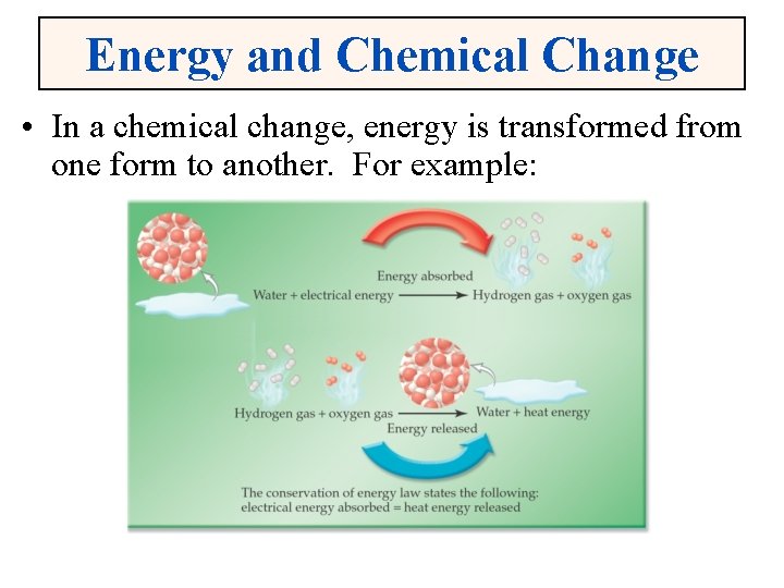 Energy and Chemical Change • In a chemical change, energy is transformed from one