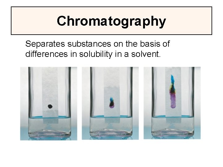 Chromatography Separates substances on the basis of differences in solubility in a solvent. 