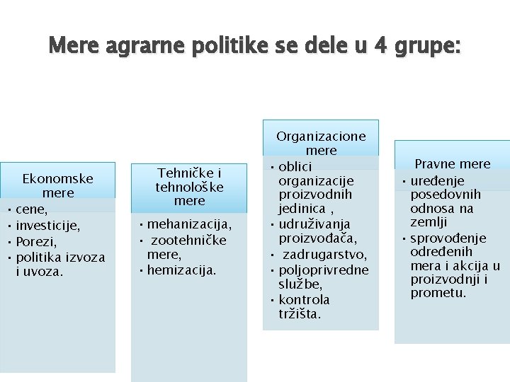 Mere agrarne politike se dele u 4 grupe: Ekonomske mere • cene, • investicije,