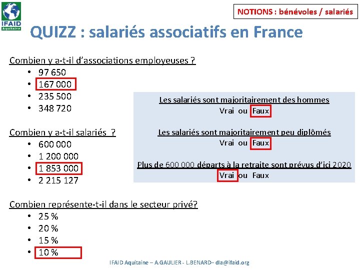 NOTIONS : bénévoles / salariés QUIZZ : salariés associatifs en France Combien y a-t-il