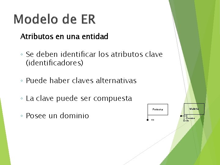 Atributos en una entidad ◦ Se deben identificar los atributos clave (identificadores) ◦ Puede