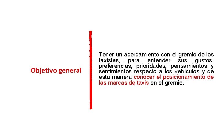 Objetivo general Tener un acercamiento con el gremio de los taxistas, para entender sus