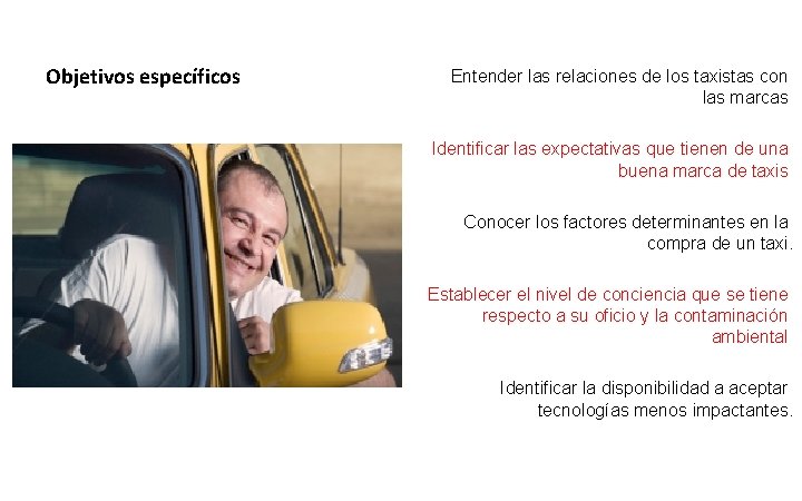Objetivos específicos Entender las relaciones de los taxistas con las marcas Identificar las expectativas