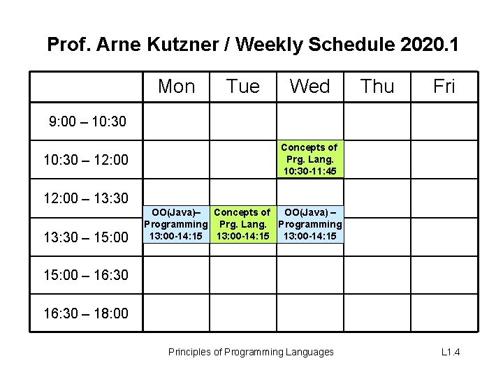 Prof. Arne Kutzner / Weekly Schedule 2020. 1 Mon Tue Wed Thu Fri 9:
