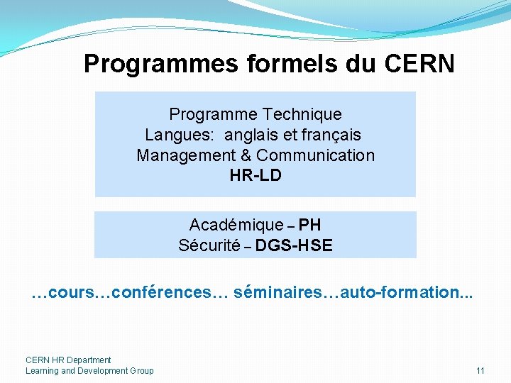 Programmes formels du CERN Programme Technique Langues: anglais et français Management & Communication HR-LD