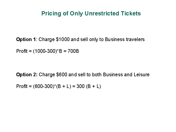 Pricing of Only Unrestricted Tickets Option 1: Charge $1000 and sell only to Business