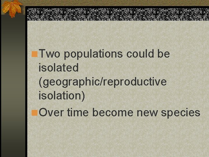 n Two populations could be isolated (geographic/reproductive isolation) n Over time become new species