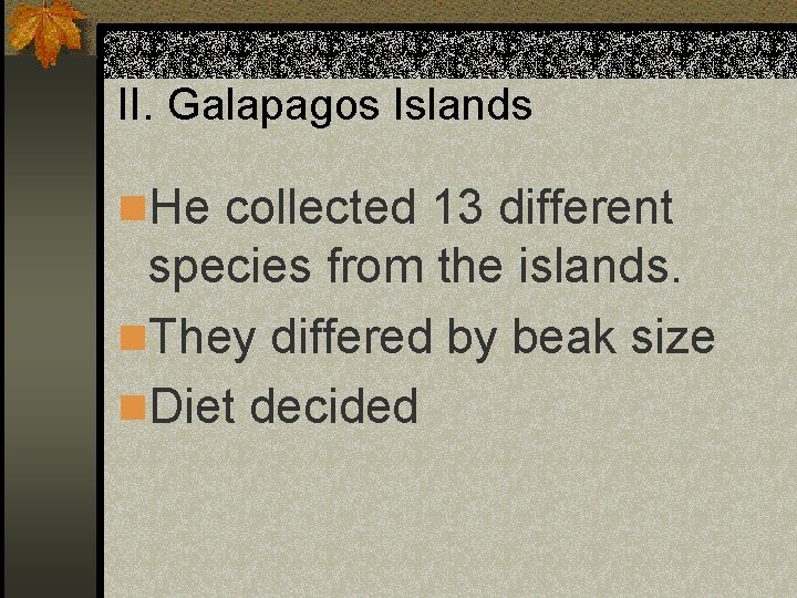 II. Galapagos Islands n. He collected 13 different species from the islands. n. They