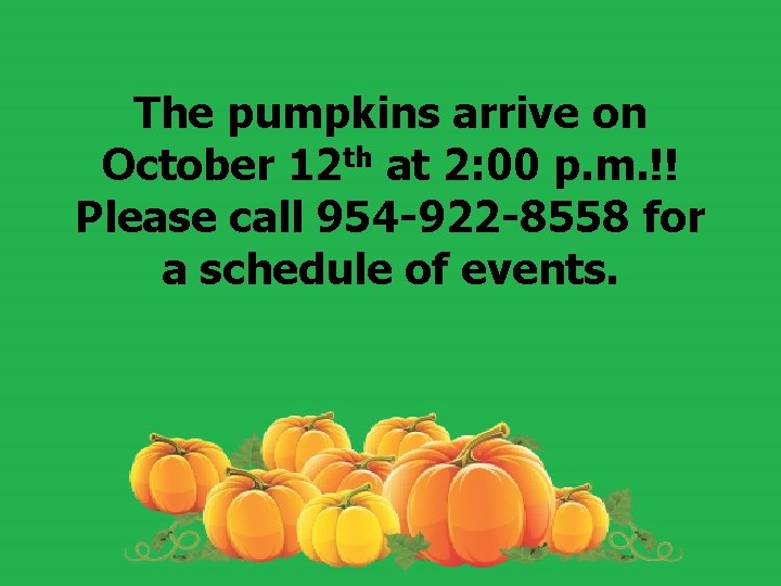 The pumpkins arrive on October 12 th at 2: 00 p. m. !! Please