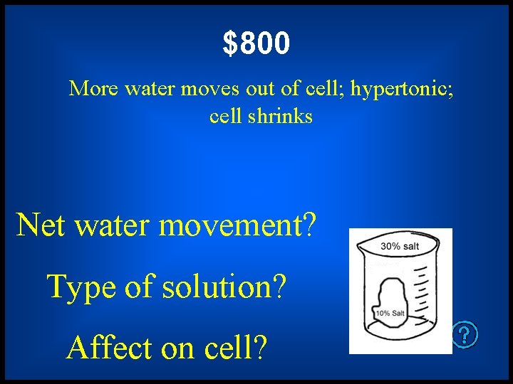 $800 More water moves out of cell; hypertonic; cell shrinks Net water movement? Type