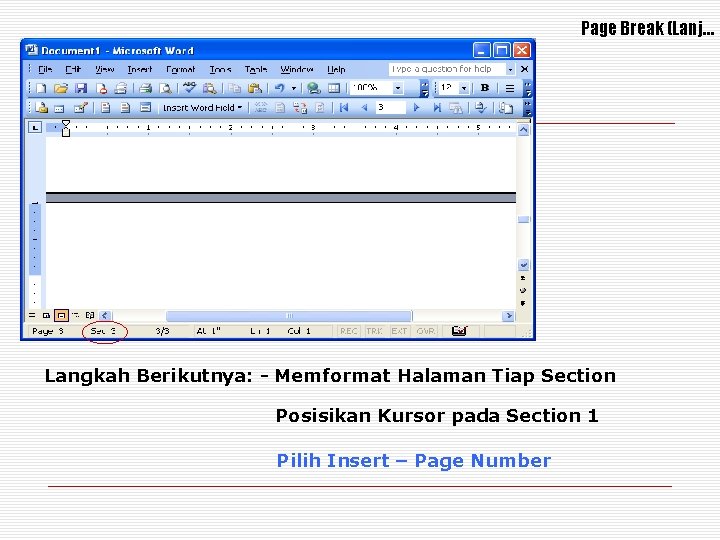 Page Break (Lanj… Langkah Berikutnya: - Memformat Halaman Tiap Section Posisikan Kursor pada Section