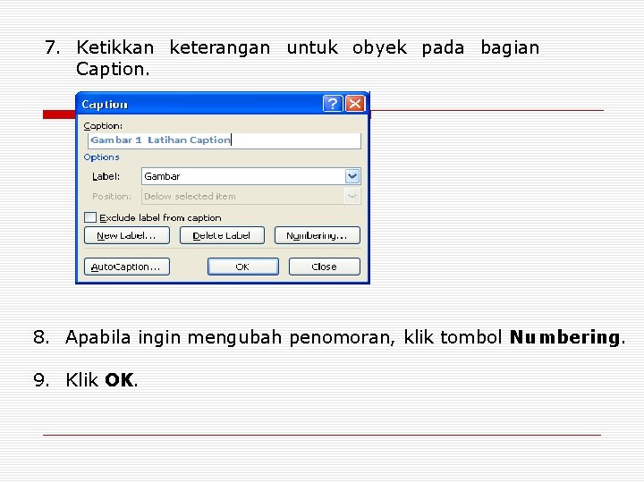 7. Ketikkan keterangan untuk obyek pada bagian Caption. 8. Apabila ingin mengubah penomoran, klik