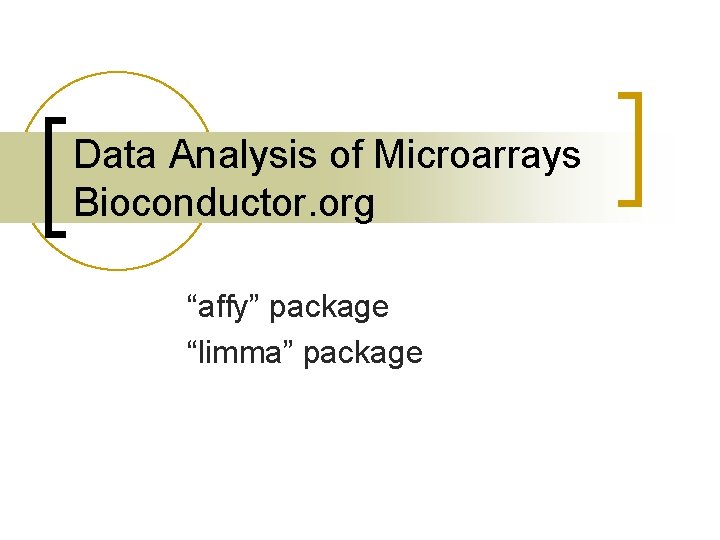 Data Analysis of Microarrays Bioconductor. org “affy” package “limma” package 