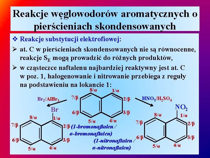 Reakcje węglowodorów aromatycznych o pierścieniach skondensowanych v Reakcje substytucji elektrofiowej: Ø at. C w