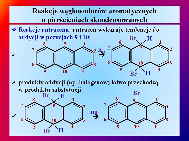 Reakcje węglowodorów aromatycznych o pierścieniach skondensowanych v Reakcje antracenu: antracen wykazuje tendencje do addycji