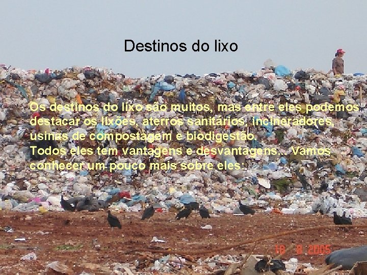 Destinos do lixo Os destinos do lixo são muitos, mas entre eles podemos destacar