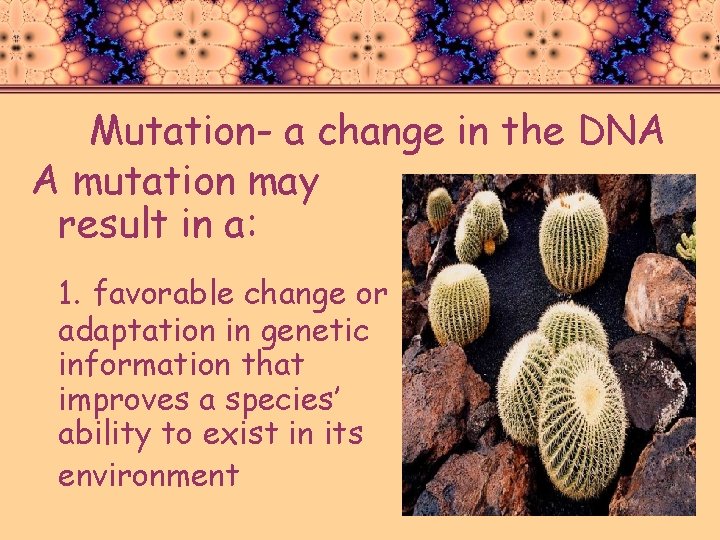 Mutation- a change in the DNA A mutation may result in a: 1. favorable