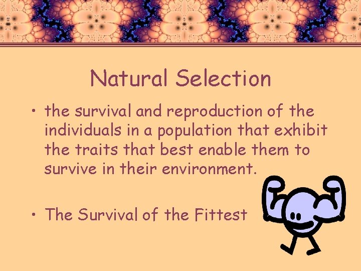 Natural Selection • the survival and reproduction of the individuals in a population that