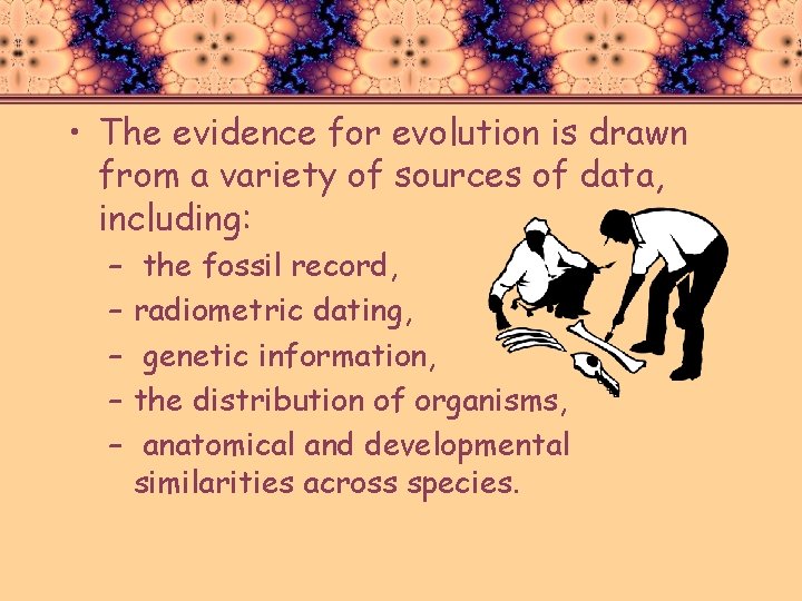  • The evidence for evolution is drawn from a variety of sources of