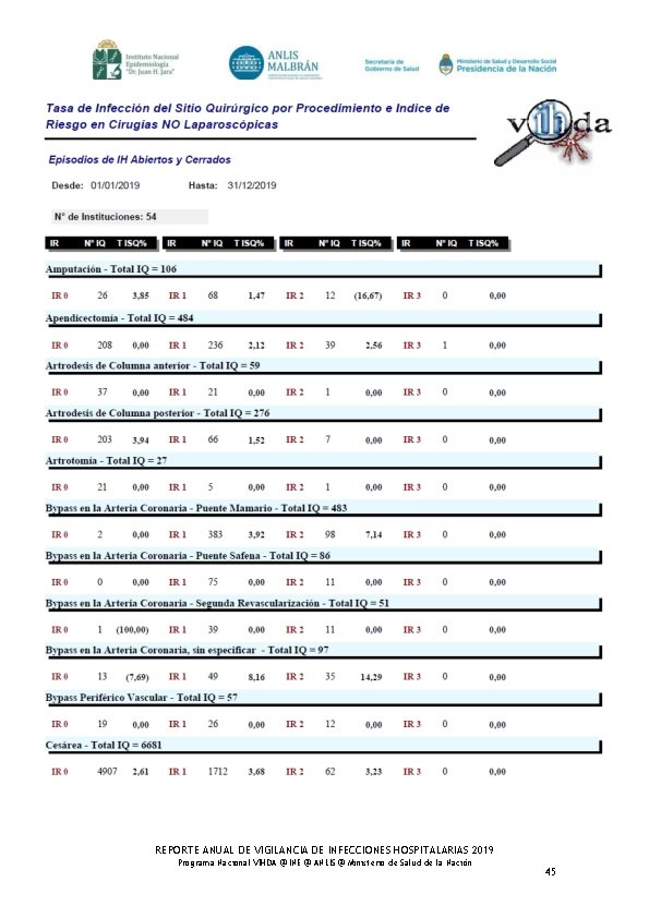 REPORTE ANUAL DE VIGILANCIA DE INFECCIONES HOSPITALARIAS 2019 Programa Nacional VIHDA @ INE @