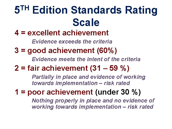 TH 5 Edition Standards Rating Scale 4 = excellent achievement Evidence exceeds the criteria