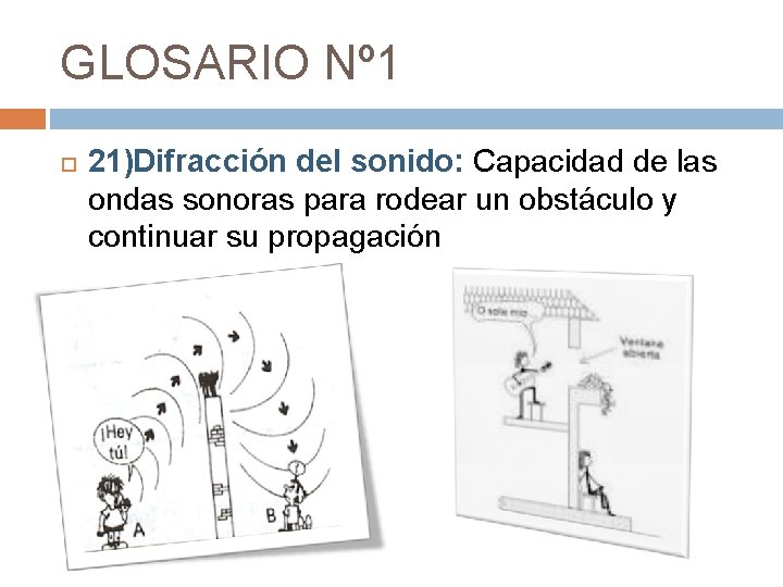 GLOSARIO Nº 1 21)Difracción del sonido: Capacidad de las ondas sonoras para rodear un