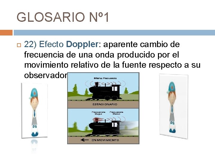 GLOSARIO Nº 1 22) Efecto Doppler: aparente cambio de frecuencia de una onda producido