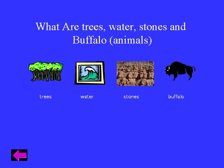 What Are trees, water, stones and Buffalo (animals) trees water stones buffalo What Are trees, water, stones and Buffalo (animals) trees water stones buffalo