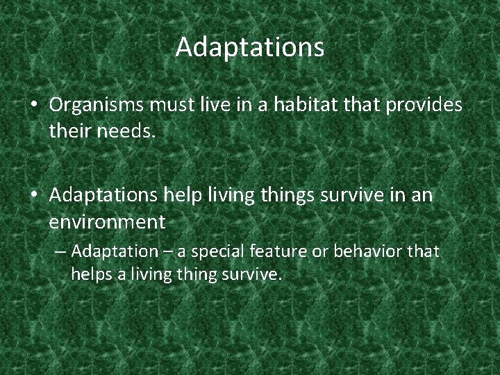 Adaptations • Organisms must live in a habitat that provides their needs. • Adaptations