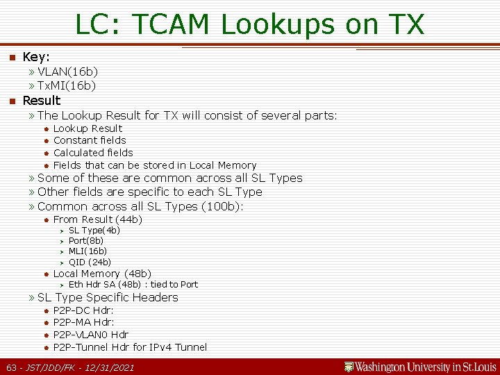 LC: TCAM Lookups on TX n Key: » VLAN(16 b) » Tx. MI(16 b) LC: TCAM Lookups on TX n Key: » VLAN(16 b) » Tx. MI(16 b)