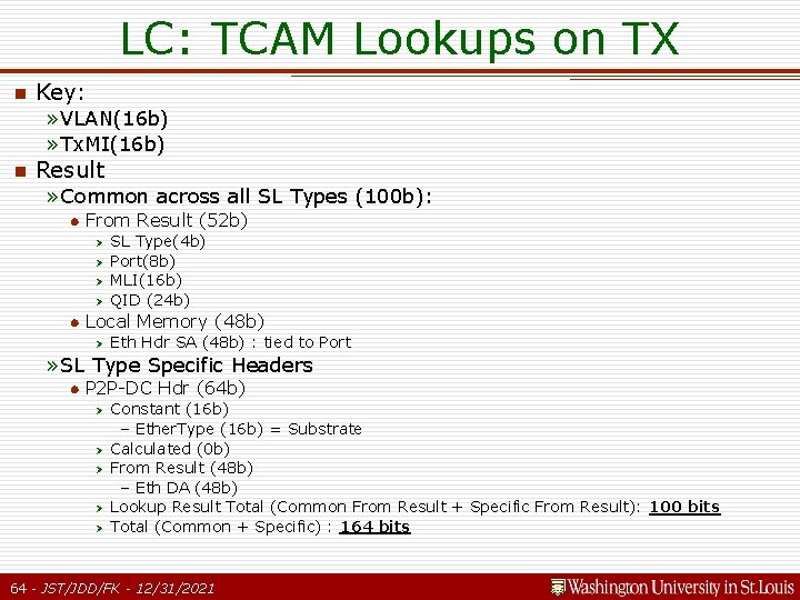 LC: TCAM Lookups on TX n Key: » VLAN(16 b) » Tx. MI(16 b) LC: TCAM Lookups on TX n Key: » VLAN(16 b) » Tx. MI(16 b)