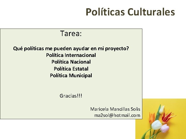 Políticas Culturales Tarea: Qué políticas me pueden ayudar en mi proyecto? Política Internacional Política