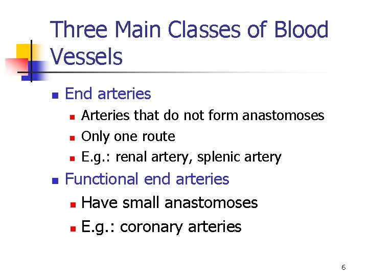 Three Main Classes of Blood Vessels n End arteries n n Arteries that do