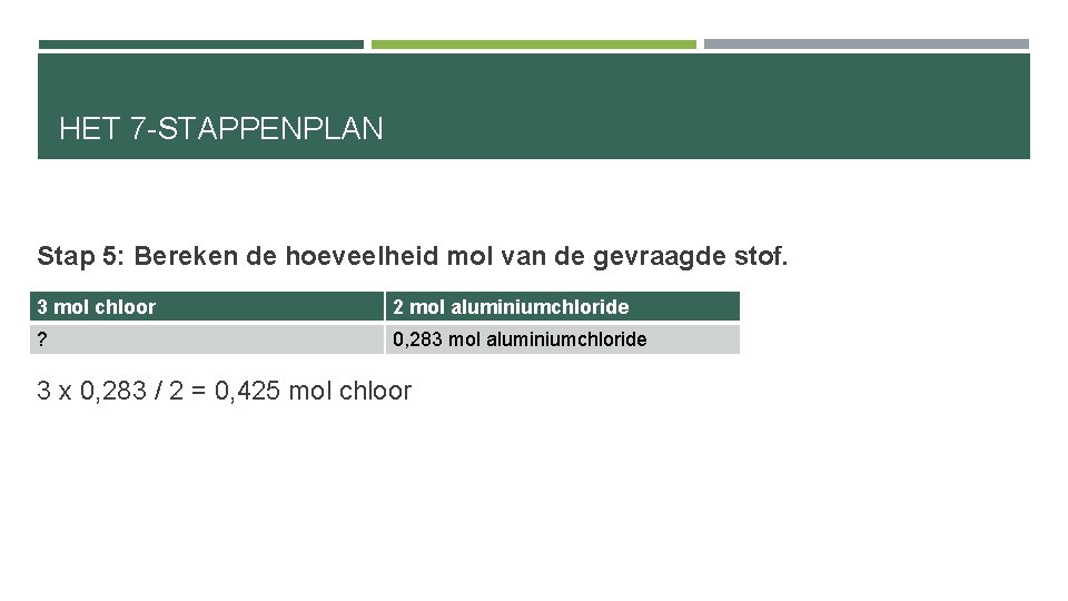 HET 7 -STAPPENPLAN Stap 5: Bereken de hoeveelheid mol van de gevraagde stof. 3