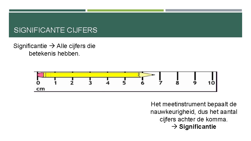 SIGNIFICANTE CIJFERS Significantie Alle cijfers die betekenis hebben. Het meetinstrument bepaalt de nauwkeurigheid, dus