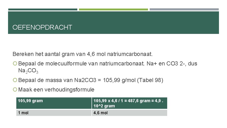 OEFENOPDRACHT Bereken het aantal gram van 4, 6 mol natriumcarbonaat. Bepaal de molecuulformule van