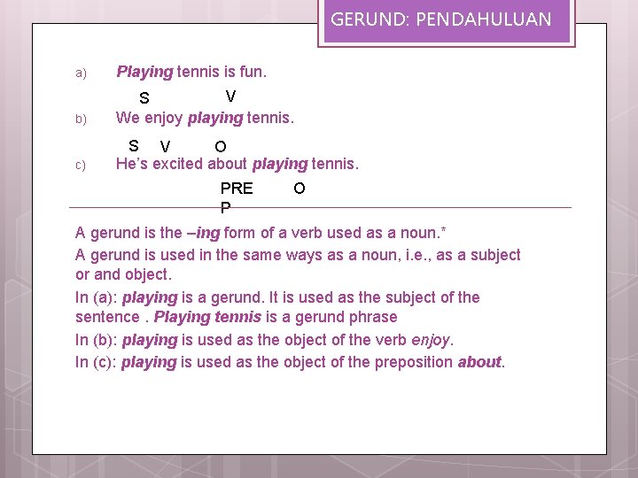 GERUND: PENDAHULUAN a) Playing tennis is fun. b) V S We enjoy playing tennis.