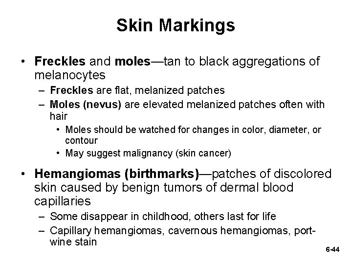 Skin Markings • Freckles and moles—tan to black aggregations of melanocytes – Freckles are
