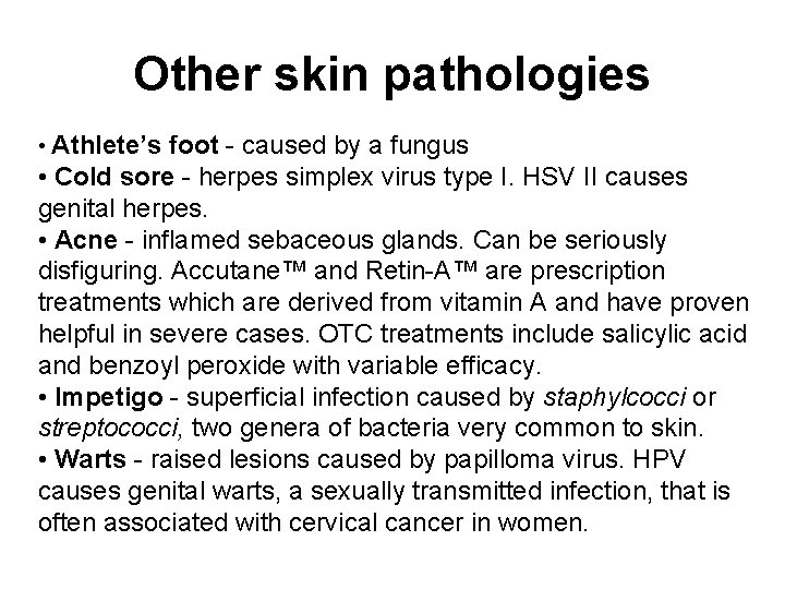 Other skin pathologies • Athlete’s foot - caused by a fungus • Cold sore