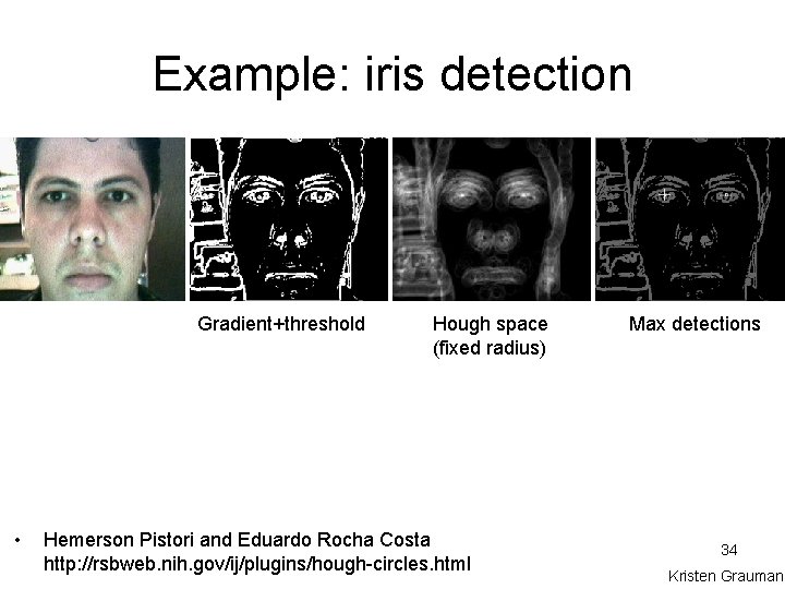 Example: iris detection Gradient+threshold • Hough space (fixed radius) Hemerson Pistori and Eduardo Rocha